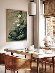 Traditional Chinese botanical lotus painting with pink flowers, green leaves, and grey rocks by a calm body of water. - Image 3