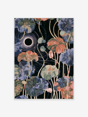 Botanical lotus leaf art print with celestial eclipse motif and gold veins on dark background
