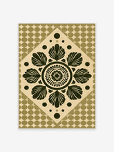 Dark green botanical mandala with stylized leaves on beige dotted background, geometric flower wall art
