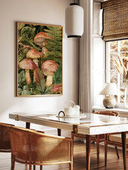 Detailed botanical illustration of mushrooms and ferns on a dark background, earthy tones, forest, in a styled room mockup