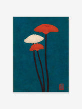 Illustrative botanical print of three red-orange and white mushroom-like fungi on a deep teal background