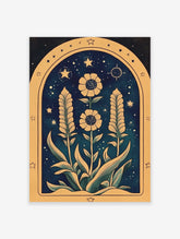 Botanical night garden illustration with yellow flowers, tall feathery leaves, stars, and moon on a deep blue background