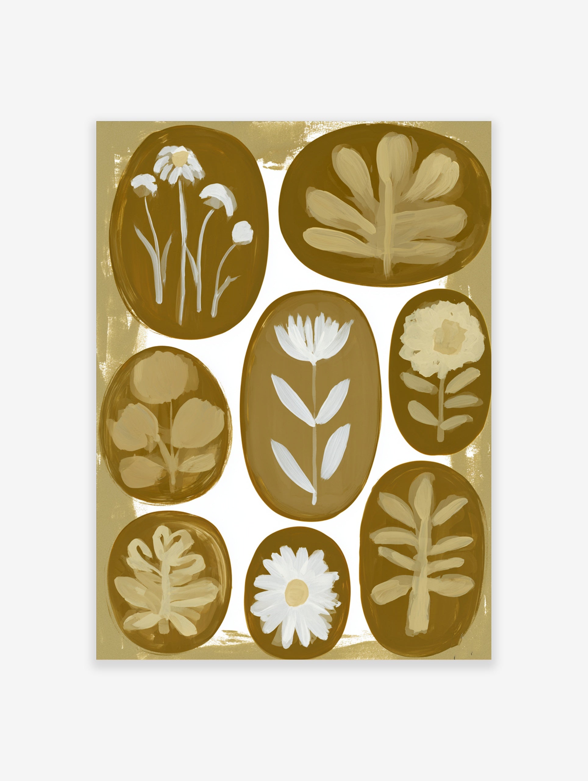 Botanical wall art print with eight oval floral and leaf illustrations in white against a warm gold background