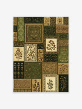 Botanical patchwork wall art featuring multiple patterned squares in shades of green, brown, and gold with floral motifs.