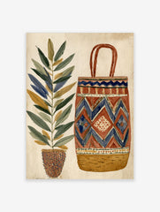 Illustrative wall art print of a tall potted plant next to a geometric patterned woven basket in red and blue
