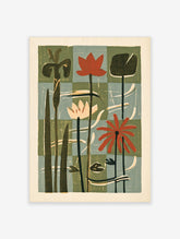 Botanical pond art print with red lotus, pale water lily, tall reeds, and green and blue block background