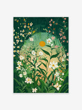 Green botanical poster of a vibrant floral meadow with white and pink flowers and a yellow sun-like orb.