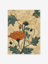 Botanical poster featuring large orange and cream flowers with teal leaves in a vintage illustration style on a textured beige background.