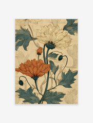 Botanical poster featuring large orange and cream flowers with teal leaves in a vintage illustration style on a textured beige background.