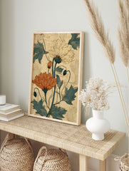 Botanical poster featuring large orange and cream flowers with teal leaves in a vintage illustration style on a textured beige background. - Image 4