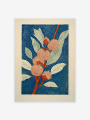 Botanical print of a plant branch with red spiky flowers and green leaves on a deep blue background in woodcut style.