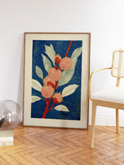 Botanical print of a plant branch with red spiky flowers and green leaves on a deep blue background in woodcut style. - Image 2