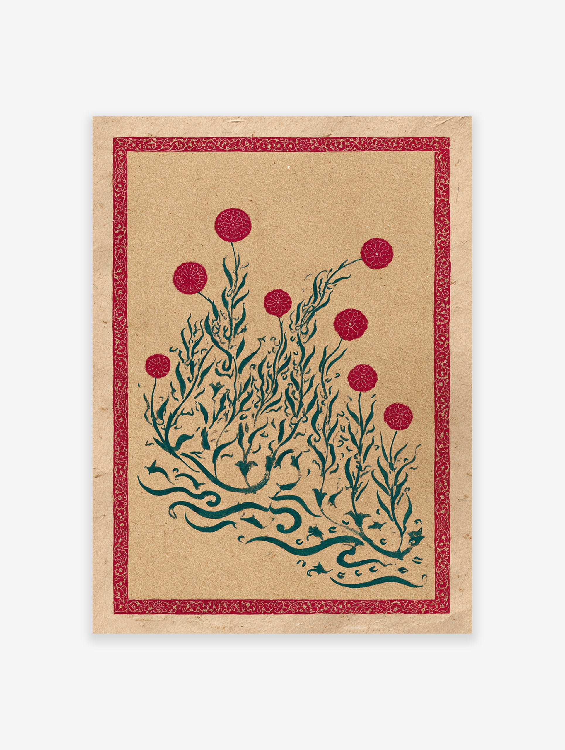 Red and green botanical print with stylized flowers and foliage, featuring a decorative red border, on textured kraft paper.