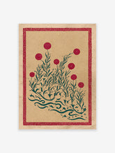 Red and green botanical print with stylized flowers and foliage, featuring a decorative red border, on textured kraft paper.
