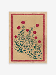 Red and green botanical print with stylized flowers and foliage, featuring a decorative red border, on textured kraft paper.