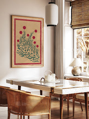 Red and green botanical print with stylized flowers and foliage, featuring a decorative red border, on textured kraft paper. - Image 2