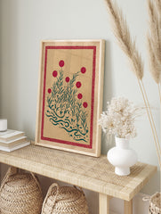 Red and green botanical print with stylized flowers and foliage, featuring a decorative red border, on textured kraft paper. - Image 3