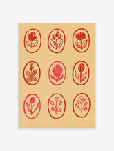 Botanical red flower grid wall art illustration with nine oval frames on a tan background