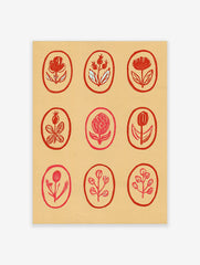 Botanical red flower grid wall art illustration with nine oval frames on a tan background