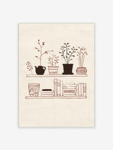 Botanical shelf still life line art print with potted plants, teapot, and books on beige background
