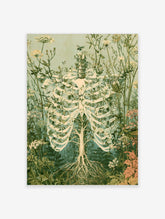Botanical skeleton tree poster with white ribcage branches, green wildflowers, and butterflies