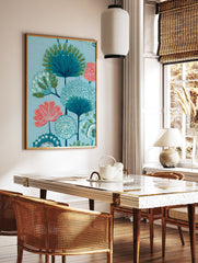 Stylized botanical tree poster with blue and coral flowers and foliage on a textured light blue background. - Image 2