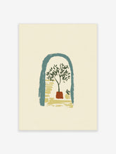 Botanical tree art print with olive tree in terracotta pot inside teal arch on cream background