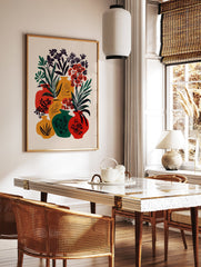 Vibrant botanical vase poster featuring a modern illustration of red, yellow, and green vases with black and red flowers. - Image 2