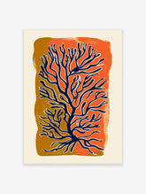 Abstract botanical art print featuring blue coral-like branches over vibrant orange and brown textured shapes on a cream background.