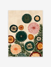 Abstract botanical wall art print featuring multi-colored stylized floral shapes and green foliage on a light background