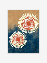 Abstract botanical wall art featuring two stylized white and red-orange flowers on a textured blue and brown background.