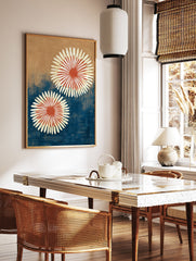 Abstract botanical wall art featuring two stylized white and red-orange flowers on a textured blue and brown background. - Image 2