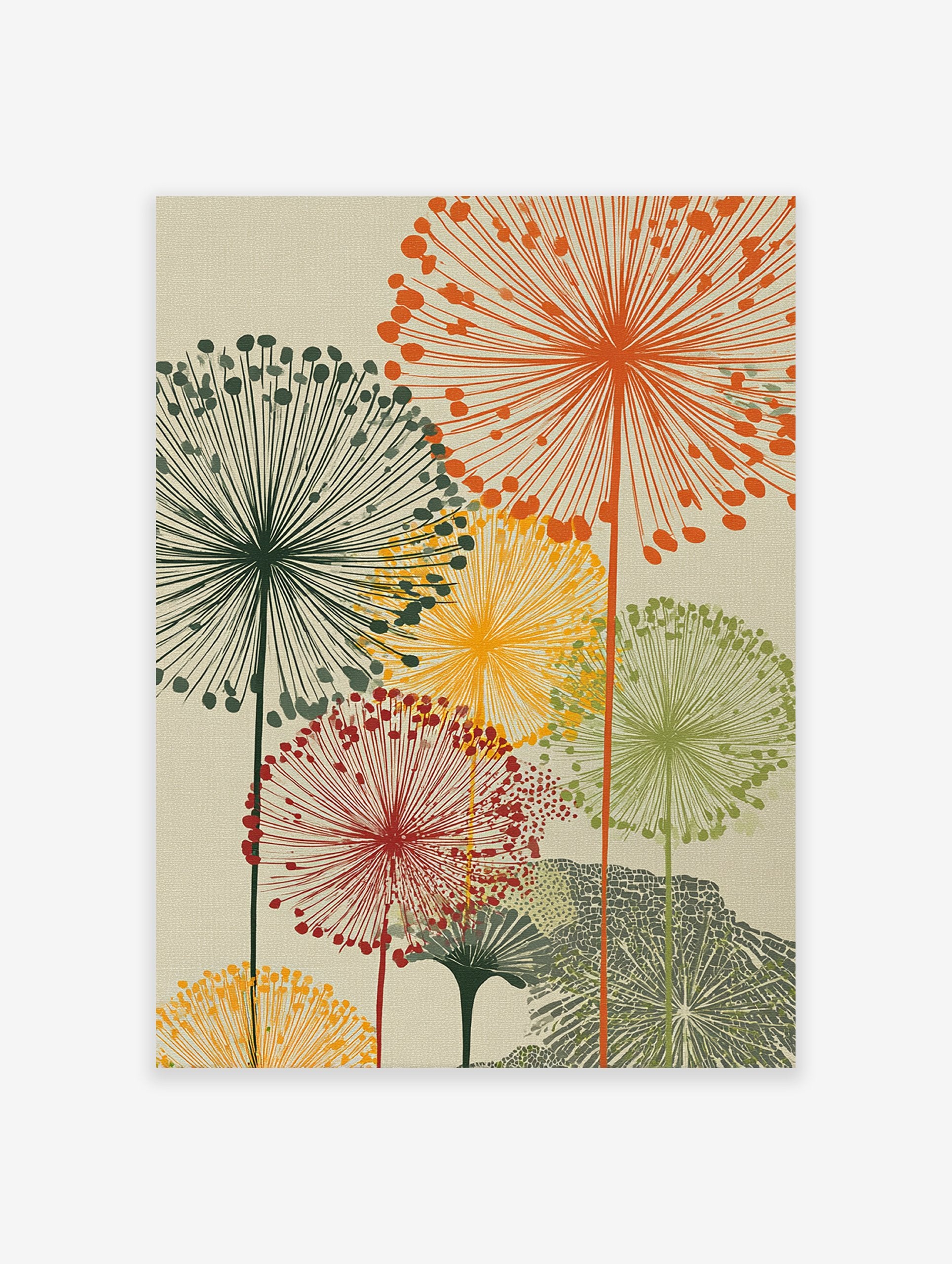Multi-color botanical wall art print with abstract dandelion-like flowers in orange, green, yellow, and red on a beige background.