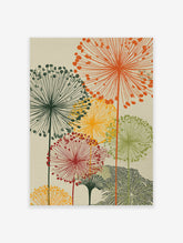 Multi-color botanical wall art print with abstract dandelion-like flowers in orange, green, yellow, and red on a beige background.