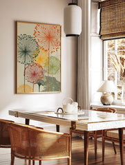 Multi-color botanical wall art print with abstract dandelion-like flowers in orange, green, yellow, and red on a beige background. - Image 2