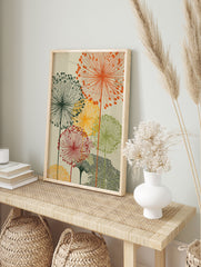 Multi-color botanical wall art print with abstract dandelion-like flowers in orange, green, yellow, and red on a beige background. - Image 3