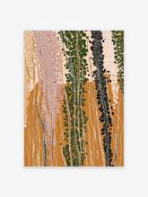 Abstract botanical wall art print with tall green and black plants, white dots, and earth tone background.