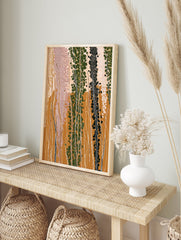 Abstract botanical wall art print with tall green and black plants, white dots, and earth tone background. - Image 3
