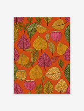 Botanical wall art featuring a vibrant, illustrative pattern of red, yellow, and green autumn leaves and seed pods on an orange background.