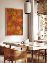 Botanical wall art featuring a vibrant, illustrative pattern of red, yellow, and green autumn leaves and seed pods on an orange background. - Image 2