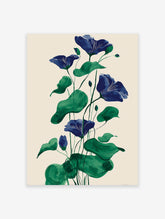 Botanical wall art print of blue bell flowers with green leaves and stems on a cream background, illustrated style.