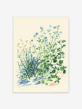 Botanical Wall Art featuring an illustration of blue and green wildflowers with orange accents, on a cream background.