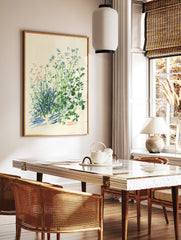 Botanical Wall Art featuring an illustration of blue and green wildflowers with orange accents, on a cream background. - Image 3