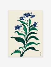 Modern botanical wall art print with deep blue flowers and dark green leaves on a light beige background in an illustrative style.