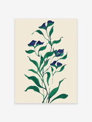 Botanical wall art print featuring dark blue flowers and green leaves on a light cream background, in an illustrative style.
