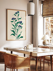 Botanical wall art print featuring dark blue flowers and green leaves on a light cream background, in an illustrative style. - Image 2