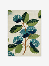 Stylized blue and green botanical wall art print featuring berries and leaves on a light textured background.