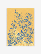 Botanical wall art print with blue leaves on a textured yellow background, featuring a modern illustrative style.