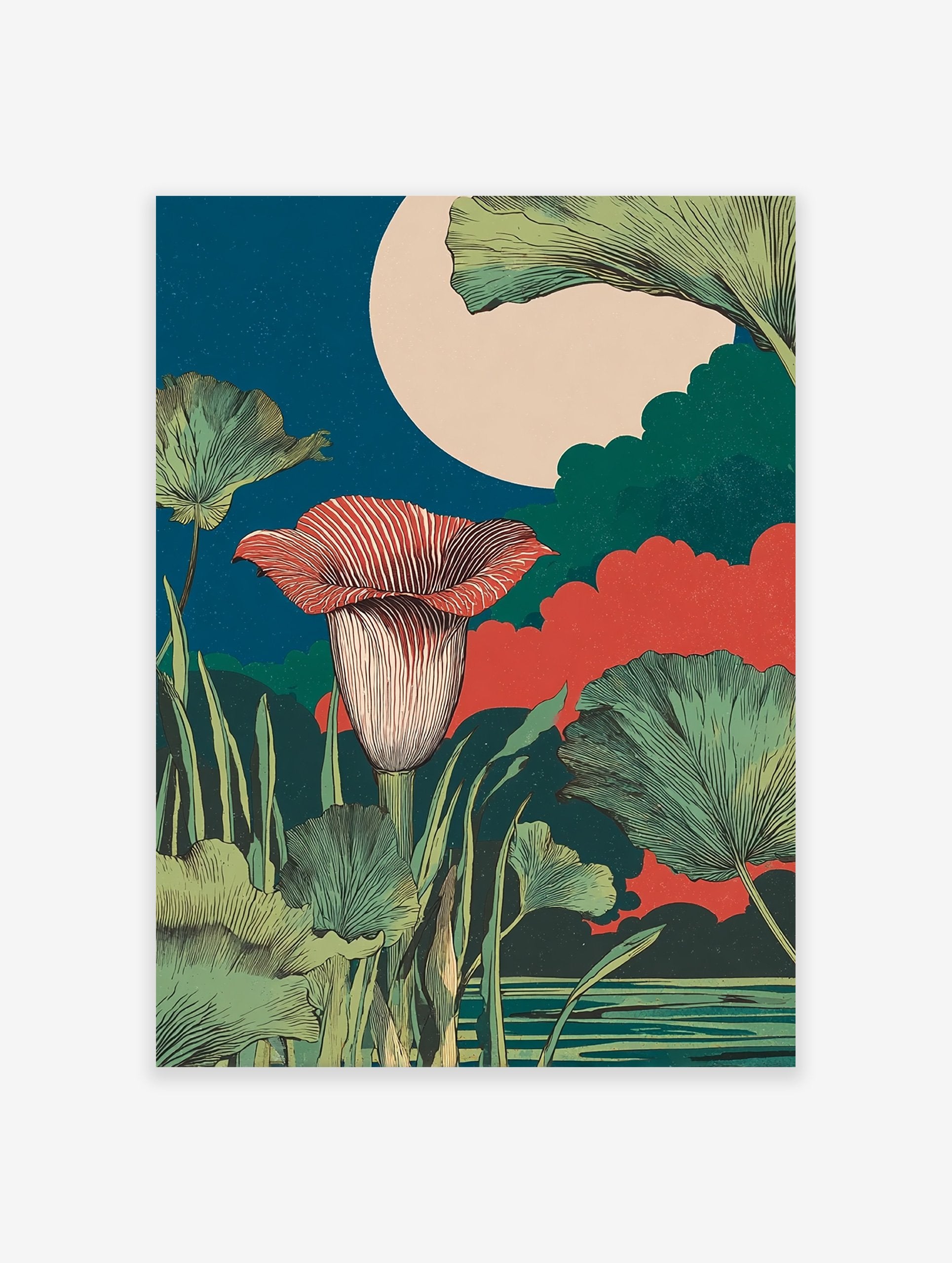 Botanical wall art print of an exotic red flower and green leaves under a large cream moon in a deep blue night sky.