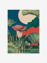 Botanical wall art print of an exotic red flower and green leaves under a large cream moon in a deep blue night sky.